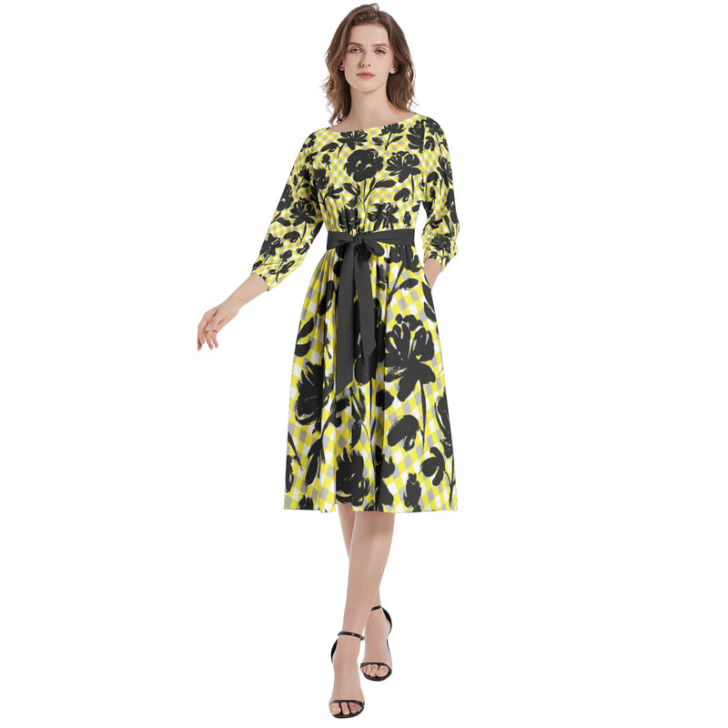 Boat Neck Belted Flared Dress - Objet D'Art