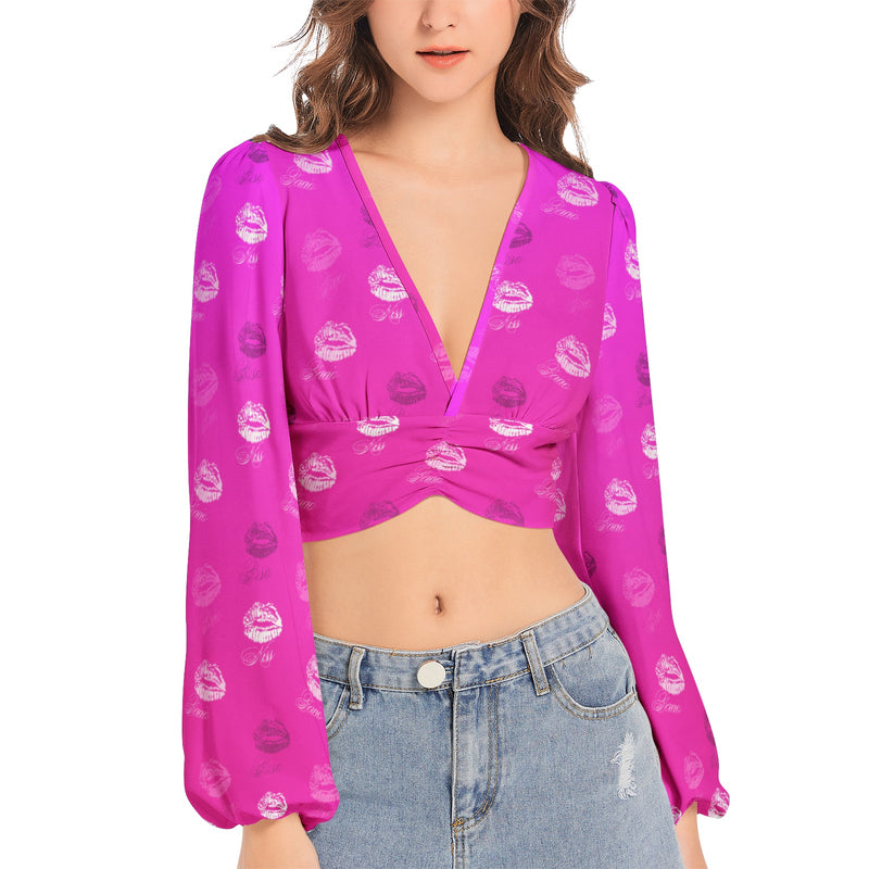Women's Deep V-Neck Lantern Sleeve Crop Top - Objet D'Art