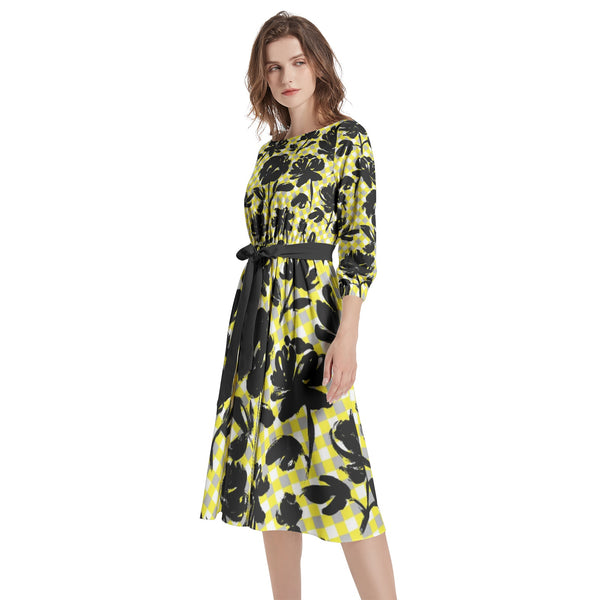 Boat Neck Belted Flared Dress - Objet D'Art