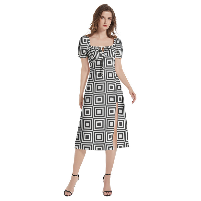 Black and White Puff Sleeve Split Thigh Midi Dress - Objet D'Art