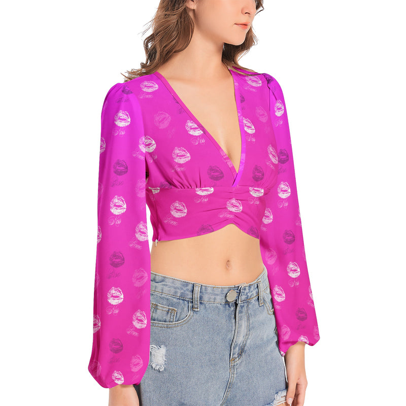 Women's Deep V-Neck Lantern Sleeve Crop Top - Objet D'Art