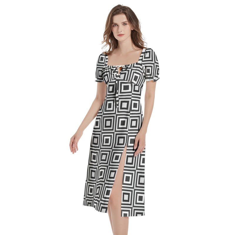 Black and White Puff Sleeve Split Thigh Midi Dress - Objet D'Art