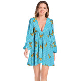 Butterfly and Polka Dots Lantern Sleeve Deep V-Neck Short Dress - Objet D'Art