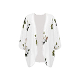 magnolia print on white Women's Kimono Chiffon Cover Up (Model H51) - Objet D'Art
