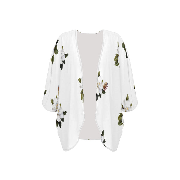 magnolia print on white Women's Kimono Chiffon Cover Up (Model H51) - Objet D'Art
