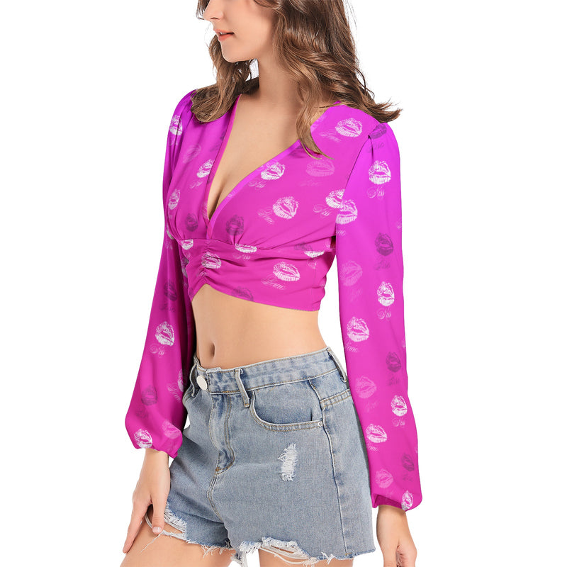 Women's Deep V-Neck Lantern Sleeve Crop Top - Objet D'Art