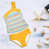 saffron print solid 2 Women's One Shoulder Backless Swimsuit (Model S44) - Objet D'Art