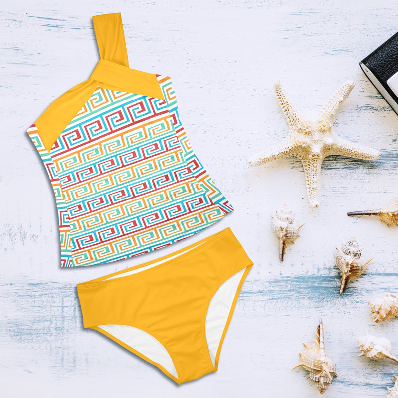 saffron print solid 2 Women's One Shoulder Backless Swimsuit (Model S44) - Objet D'Art