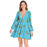 Butterfly and Polka Dots Lantern Sleeve Deep V-Neck Short Dress - Objet D'Art