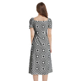 Black and White Puff Sleeve Split Thigh Midi Dress - Objet D'Art