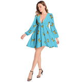 Butterfly and Polka Dots Lantern Sleeve Deep V-Neck Short Dress - Objet D'Art
