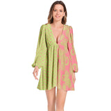 Dark Pink and Green Paisley and Hearts Lantern Sleeve Deep V-Neck Short Dress - Objet D'Art