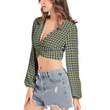 Gold Leaf Clover Women's Deep V-Neck Lantern Sleeve Crop Top - Objet D'Art