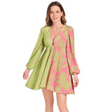 Dark Pink and Green Paisley and Hearts Lantern Sleeve Deep V-Neck Short Dress - Objet D'Art