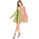Dark Pink and Green Paisley and Hearts Lantern Sleeve Deep V-Neck Short Dress - Objet D'Art