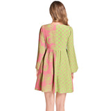 Dark Pink and Green Paisley and Hearts Lantern Sleeve Deep V-Neck Short Dress - Objet D'Art