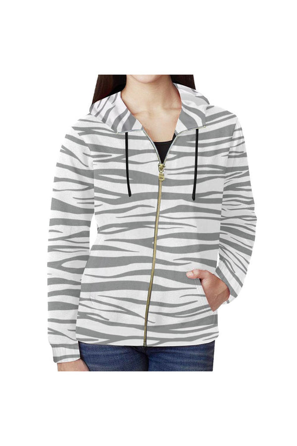 Ultimate Gray and White Tiger Striped Full Zip Hoodie for Women - Objet D'Art