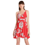 Gainsboro Roses on Scarlet Spaghetti Strap Sleeveless Flared Hem Short Dress - Objet D'Art