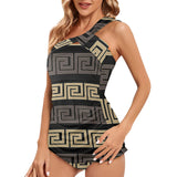brown beige greek key print 10A Women's One Shoulder Backless Swimsuit (Model S44) - Objet D'Art