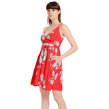 Gainsboro Roses on Scarlet Spaghetti Strap Sleeveless Flared Hem Short Dress - Objet D'Art