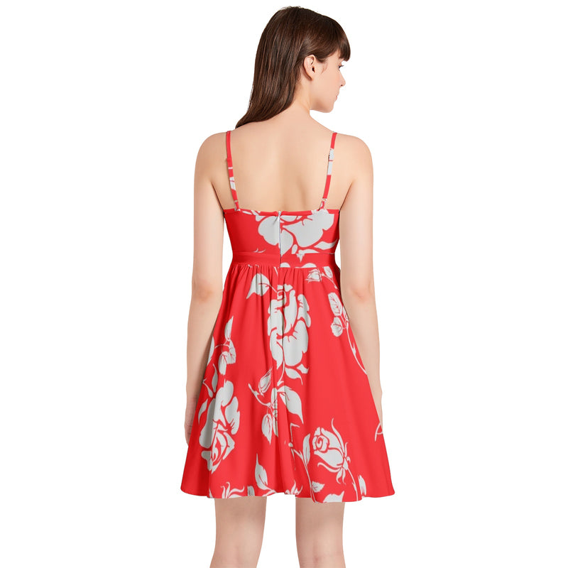 Gainsboro Roses on Scarlet Spaghetti Strap Sleeveless Flared Hem Short Dress - Objet D'Art