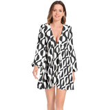 Abstact Print Lantern Sleeve Deep V-Neck Short Dress - Objet D'Art