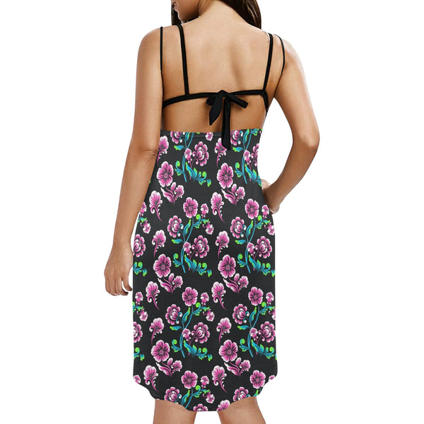 floral pink and blue print 2 Spaghetti Strap Backless Beach Cover Up Dress (Model D65) - Objet D'Art