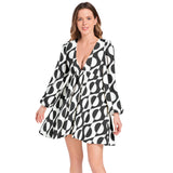 Abstact Print Lantern Sleeve Deep V-Neck Short Dress - Objet D'Art