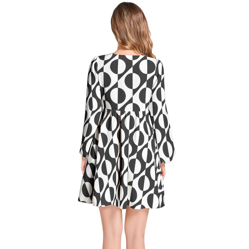 Abstact Print Lantern Sleeve Deep V-Neck Short Dress - Objet D'Art