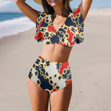 marine camo Women's Ruffle Sleeve Bikini Swimsuit (Model S42) - Objet D'Art