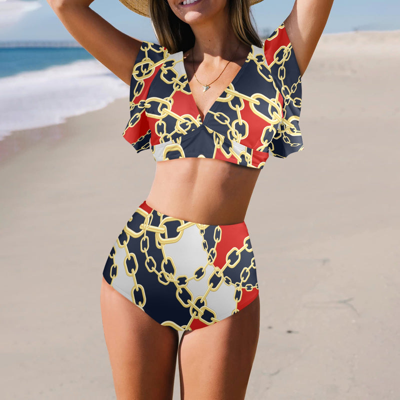 marine camo Women's Ruffle Sleeve Bikini Swimsuit (Model S42) - Objet D'Art