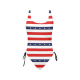 stars and stripes red white blue print 2 Drawstring Side One-Piece Swimsuit (Model S14) - Objet D'Art