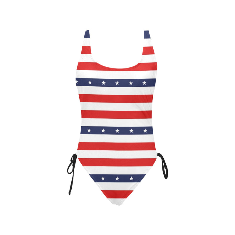 stars and stripes red white blue print 2 Drawstring Side One-Piece Swimsuit (Model S14) - Objet D'Art