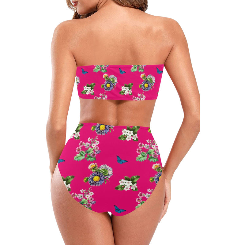 pink floral butterfly print Chest Wrap Bikini Swimsuit (Model S36) - Objet D'Art