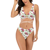 red pink white floral rose print 2 Cross String Bikini Set (Model S29) - Objet D'Art