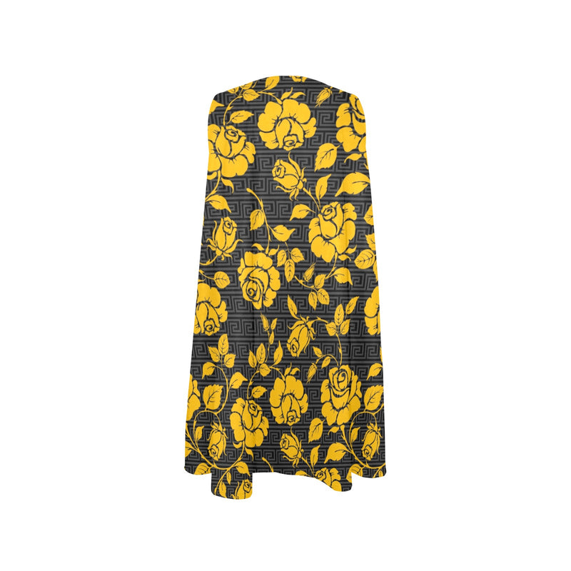gold floral greek key print 7A Sleeveless A-Line Pocket Dress (Model D57) - Objet D'Art