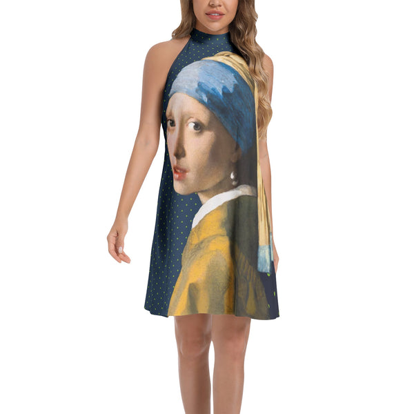 Girll With The Pearl Earring Tie Back Halter Neck Flared Dress - Objet D'Art