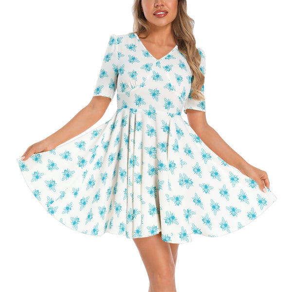 Short Sleeve Ruched Bust Flared Hem Dress - Objet D'Art