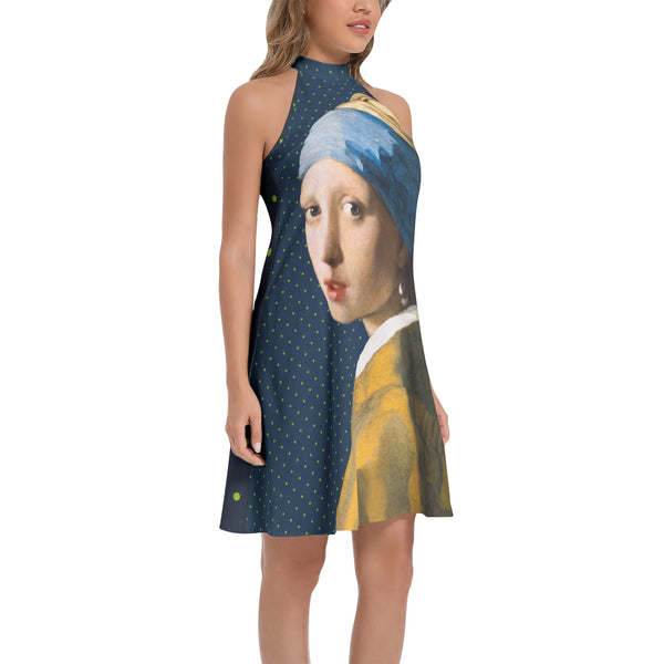Girll With The Pearl Earring Tie Back Halter Neck Flared Dress - Objet D'Art