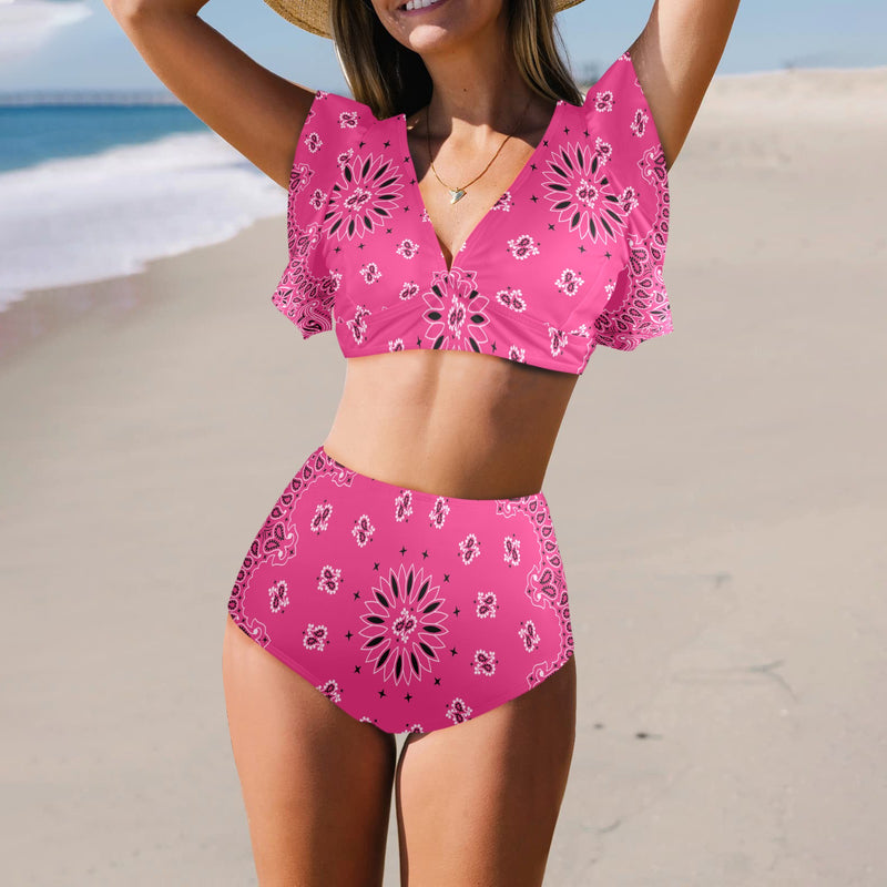 marine camo Women's Ruffle Sleeve Bikini Swimsuit (Model S42) - Objet D'Art