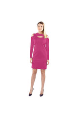 Peacock Pink Cold Shoulder Long Sleeve Dress (Model D37) - Objet D'Art