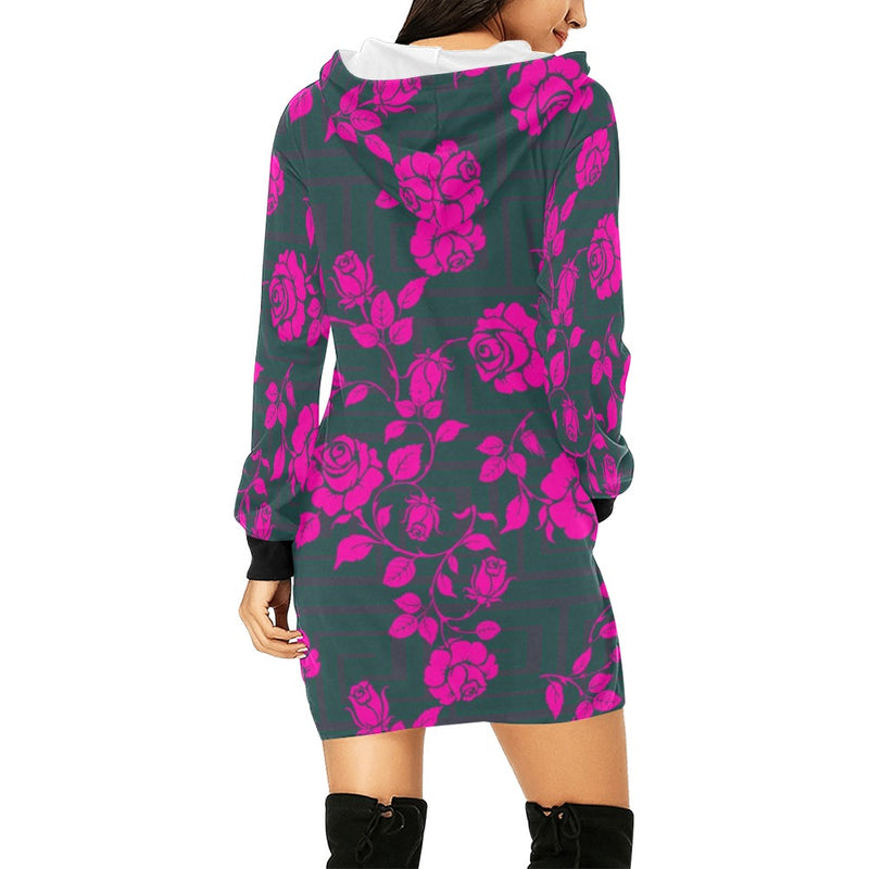 pink rose green greek key print 2 All Over Print Hoodie Mini Dress (Model H27) - Objet D'Art