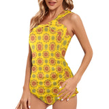 mandala gold print 3 Women's One Shoulder Backless Swimsuit (Model S44) - Objet D'Art