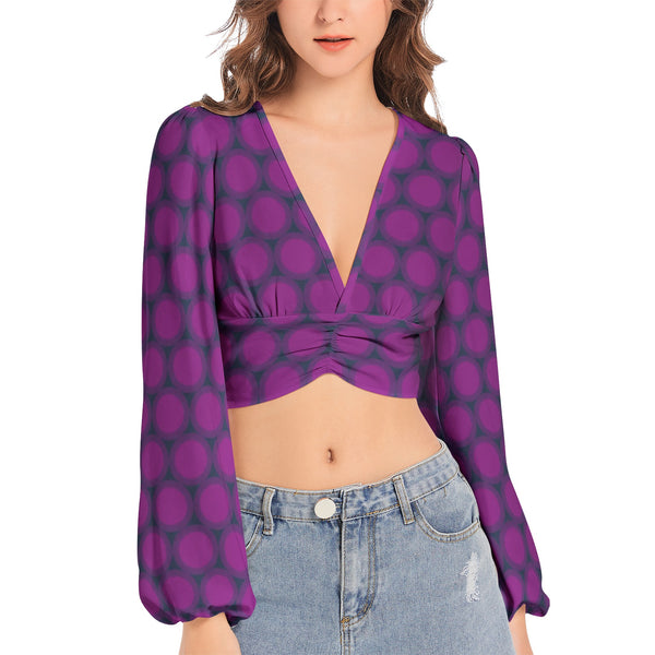 Lavender Sun Women's Deep V-Neck Lantern Sleeve Crop Top - Objet D'Art