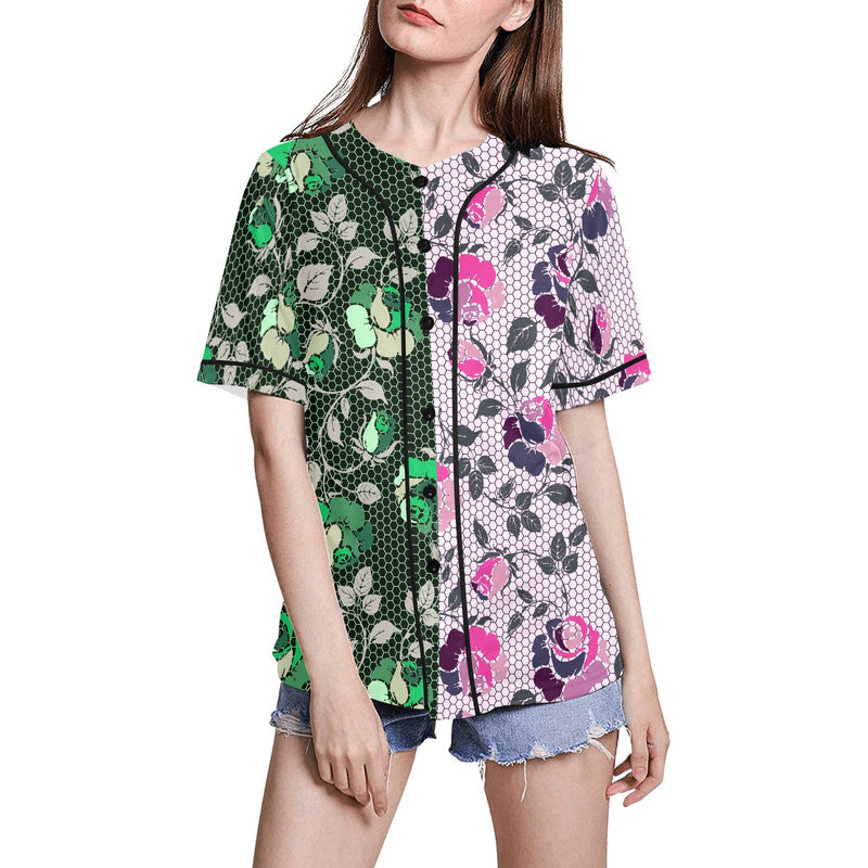 pink green rose print 4 All Over Print Baseball Jersey for Women (Model T50) - Objet D'Art