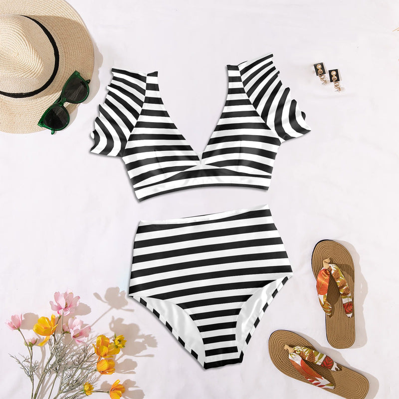 bw bold striped print 2 Women's Ruffle Sleeve Bikini Swimsuit (Model S42) - Objet D'Art