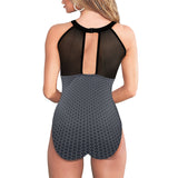 light gray hex print 5 Women's High Neck Plunge Mesh Ruched Swimsuit (S43) - Objet D'Art
