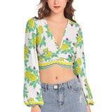 Royal Floral Women's Deep V-Neck Lantern Sleeve Crop Top - Objet D'Art