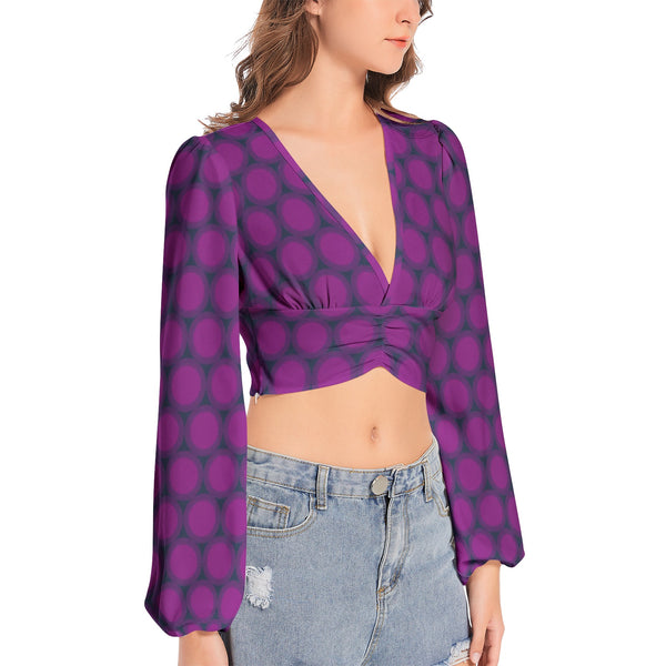 Lavender Sun Women's Deep V-Neck Lantern Sleeve Crop Top - Objet D'Art