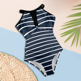 dk blue striped print 2 A B Women's High Neck Plunge Mesh Ruched Swimsuit (S43) - Objet D'Art